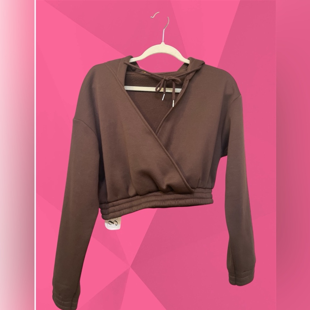 Wrap-Style Cropped Hoodie wide cuffs & waistband brown NWT